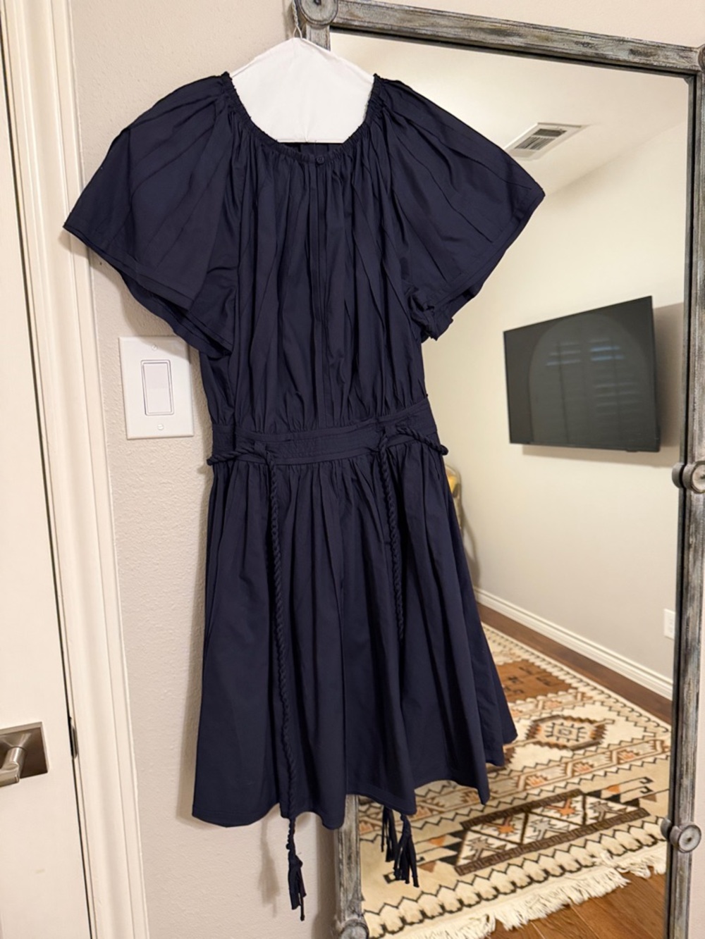 Ulla Johnson Navy Short-Sleeve Gathered Waist Dress